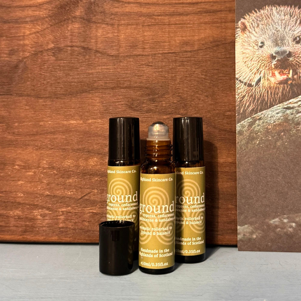 Three bottles of 'ground' skincare products on a wooden surface with a beaver illustration in the background.