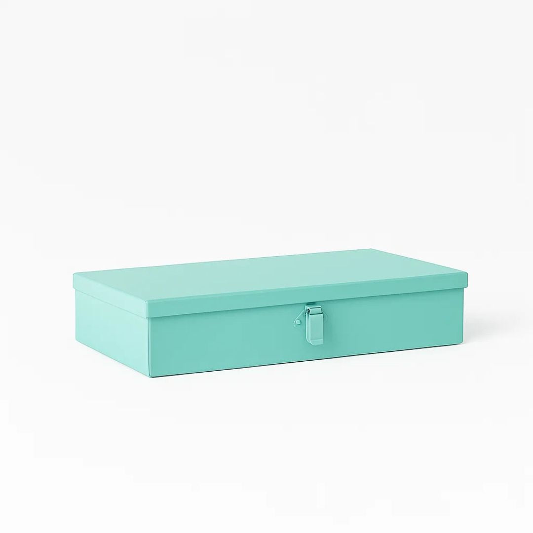 Mint green rectangular metal box with a latch on a white background