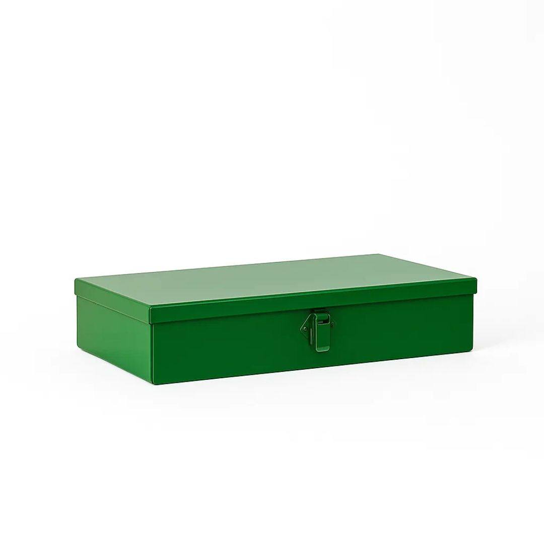 Green metal box on a white  background