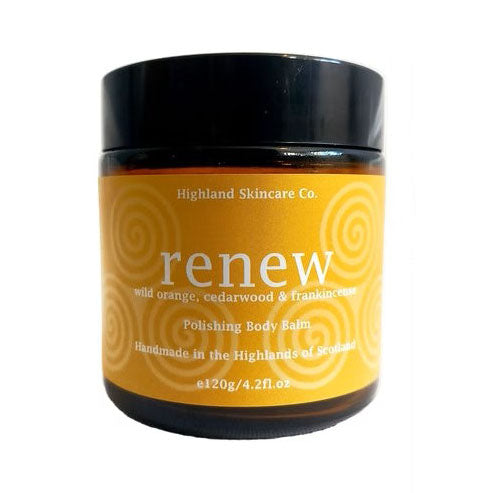 Jar of Highland Skincare Co. renew Polishing Body Balm on a white background
