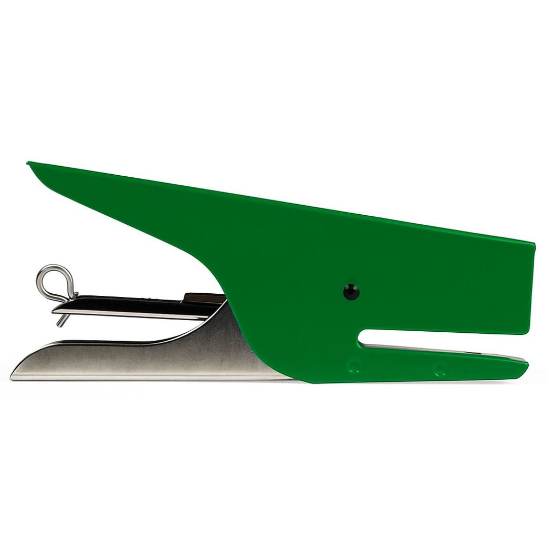 Green stapler on a white background