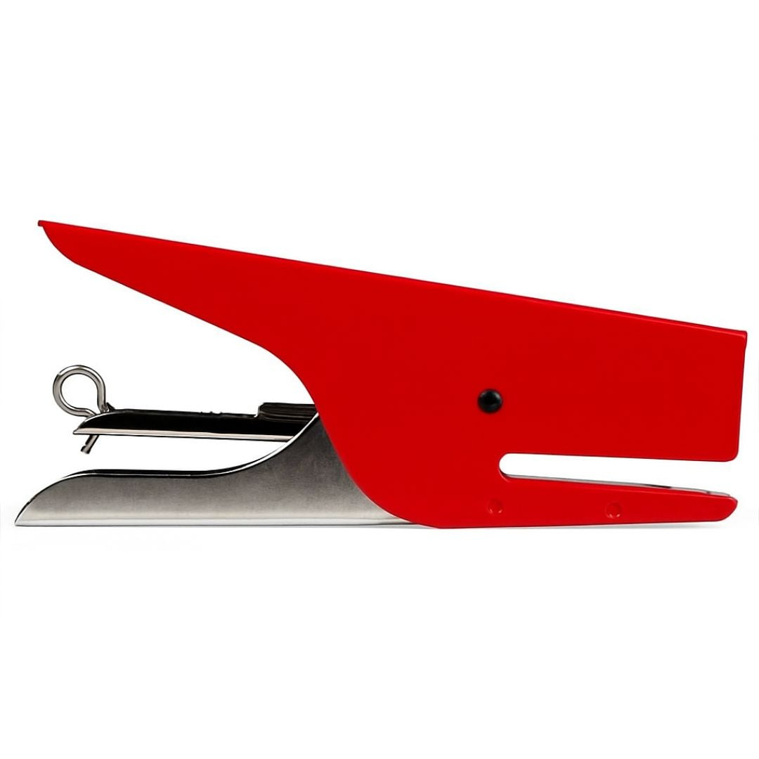 Red and silver stapler on a white background
