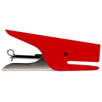 Red and silver stapler on a white background